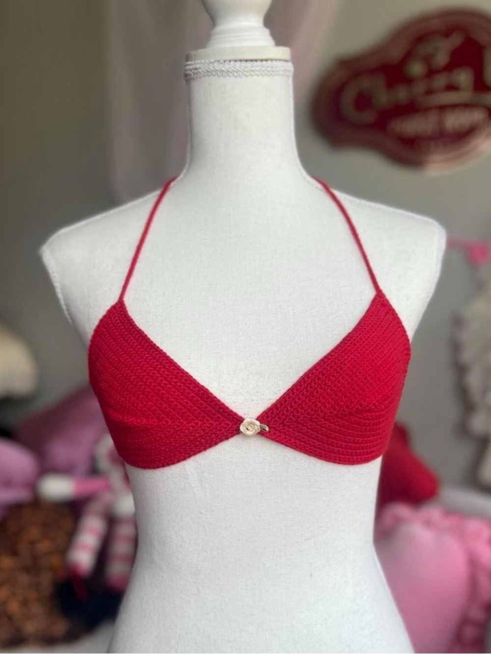 Red Crochet Halter Bikini Top